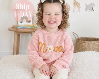 Pull personnalisé avec prénom pour bébé, pull rose pour bébé fille avec nom, pull personnalisé brodé à la main, meilleur cadeau d'anniversaire pour bébé