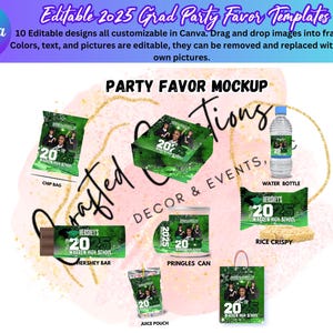 Puede incluir: Diez plantillas editables para favores de fiesta de graduación. Las plantillas presentan un esquema de color verde y negro con el año 2025 y las palabras "Warren High School". Las plantillas son para una variedad de favores de fiesta, que incluyen bolsas de papas fritas, barras Hershey, latas de Pringles, bolsas de jugo, botellas de agua, golosinas de arroz crujiente y bolsas de regalo.