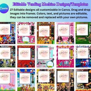 Op de afbeelding: Een verzameling van 27 aanpasbare ontwerpen voor automaten met verschillende thema's, waaronder Pasen, videogames en populaire personages zoals Sonic, Mario en Spiderman. De ontwerpen zijn bewerkbaar in Canva en kunnen worden gebruikt voor persoonlijke of commerciële doeleinden.