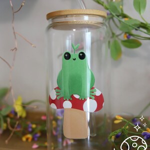 20 oz Frogs & Fables Glass Cup | Clear Glass Cup w/ Frog Design for Iced Drinks, Cottagecore Aesthetic