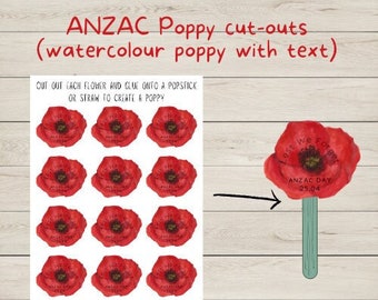 ANZAC Day Poppy Cut-outs, watercolour poppy with text