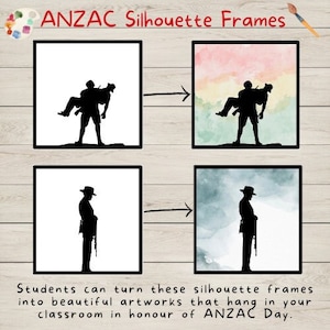 May include: Four printable silhouette frames featuring soldiers in various poses. The frames are set against a white background and are ready to be coloured in.