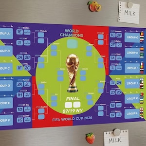 May include: A colorful World Cup 2026 schedule magnet is displayed on a refrigerator. The design features a gold trophy, team flags, and the text "World Champions" and "Final". The date "07/19 NY" is also visible.