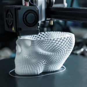 Op de afbeelding: Een 3D-printer die een witte, schedelvormige plantenbak maakt. De plantenbak heeft een geometrisch, roosterachtig ontwerp. De spuitmond van de printer bevindt zich boven de plantenbak en brengt materiaal laag voor laag aan. Koele tinten.