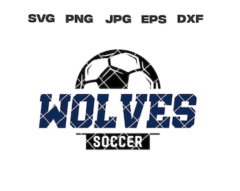 May include: A blue and white graphic design with the word "WOLVES" in bold blue letters and the word "SOCCER" in smaller white letters. A black and white soccer ball is above the text.