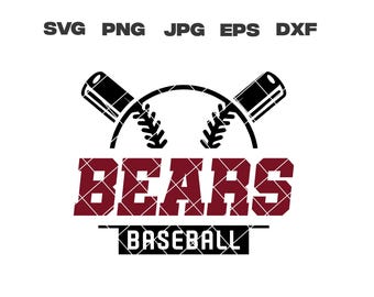 Pode incluir: Logotipo de beisebol preto e branco com dois bastões cruzados e uma bola de beisebol. O texto "BEARS BASEBALL" está em vermelho.