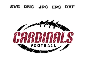 Puede incluir: Silueta en blanco y negro de un balón de fútbol con la palabra "CARDINALS" en rojo y la palabra "FOOTBALL" en negro debajo.