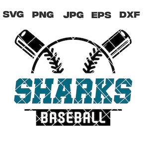 Puede incluir: Logotipo de béisbol en blanco y negro con dos bates cruzados y una pelota de béisbol. El texto "SHARKS BASEBALL" está en azul turquesa.