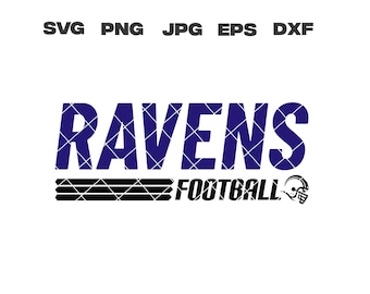 May include: A blue and white graphic design with the word "RAVENS" in bold letters and the word "FOOTBALL" below it. The design is on a white background.