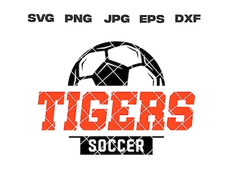 May include: A black and white soccer ball graphic with the word "TIGERS" in orange text and the word "SOCCER" in black text below.