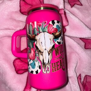 Wild at Heart – 16oz Stainless Steel Can Tumbler with Handle & Rhinestone Bow Lid | Handmade Gift