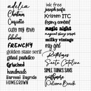 Może przedstawiać: Zbi&oacute;r pr&oacute;bek tekstu w r&oacute;żnych czcionkach. Słowa obejmują "Christmas", "Coquette", "Frenchy", "Handmade", "Magic Night" i "Welcome Beach". Tekst jest czarny na białym tle kratki.