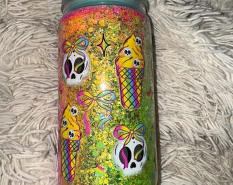 Rainbow Skull Ice Cream Tumbler: Glitter Acrylic Cup, Faux Ice Lid