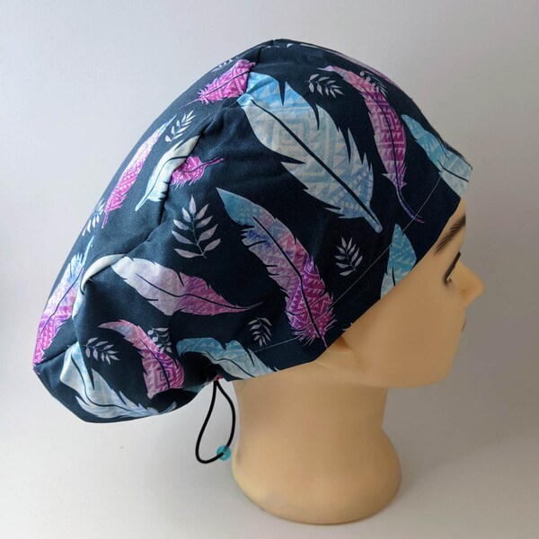 Feather Scrub Cap / Hat With Adjustable Elastic Drawstring and Toggle