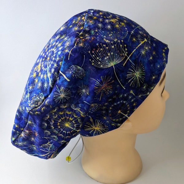 Dandelion Wishes Blue Scrub Cap / Hat With Adjustable Elastic Drawstring and Toggle
