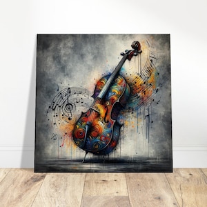 Könnte beinhalten: Ein farbenfrohes abstraktes Gemälde eines Cellos mit umherwirbelnden Musiknoten. Das Cello ist in Blautönen, Grün, Orange und Gelb gemalt. Der Hintergrund ist in einem gedämpften Grau mit Farbstichen gehalten.