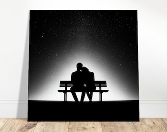 Può includere: Silhouette di una coppia seduta su una panchina sotto un cielo stellato.