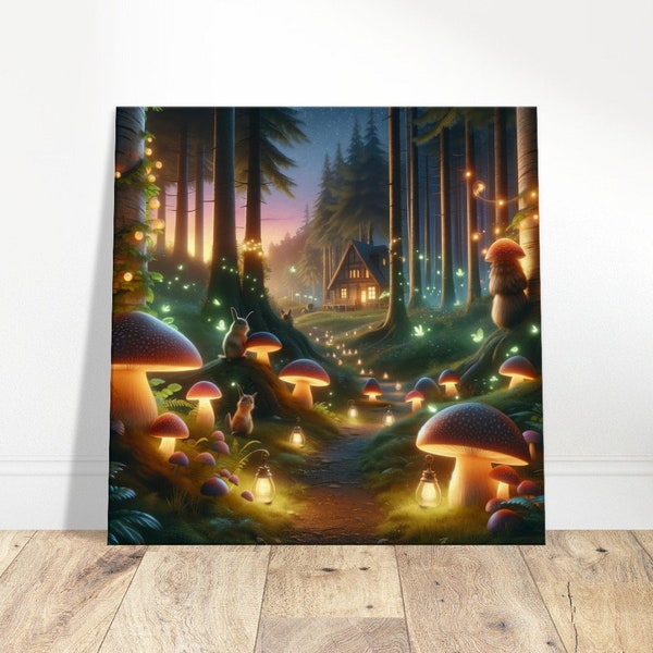 Magical Twilight Forest Canvas Print - Whimsical Creatures & Glowing Mushrooms Art - Enchanted Fairy Tale Decor