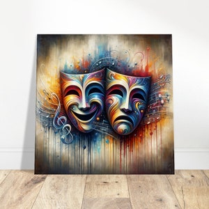 May include: A colorful abstract painting of two theatrical masks, one smiling and one frowning, with musical notes and splashes of paint in the background.