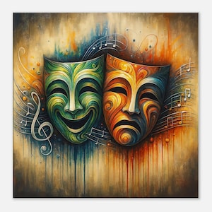 May include: An artistic painting features two theatrical masks, one green and one orange, set against a backdrop of musical notes and a textured, multi-colored background. The masks represent comedy and tragedy, with a treble clef adding to the theme.