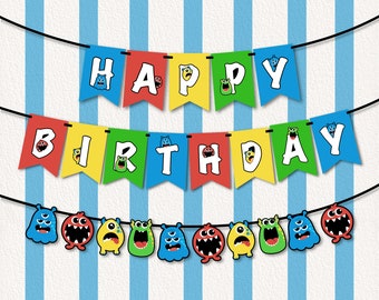 Printable colorful monster birthday banner for birthday party decoration for kid, PNG file, 300 pdi.