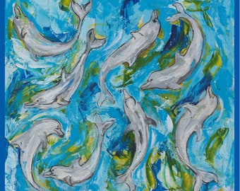 Dolphin Scarf - Beautiful blue dolphin scarf, dolphin pod, dolphins playing, scarves by Philip Blacker