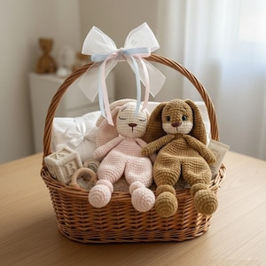 May include: A wicker basket containing baby gifts. Two crocheted bunny dolls, one pink and one brown, are inside. A white bow with pink and blue ribbons decorates the handle. A wooden block and a teething ring are also present.