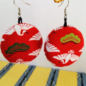 Japanese style earrings. Made by sewing cloth with a uniquely Japanese pattern. Cute and Cool accessory.