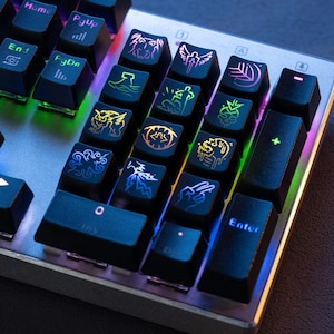 Könnte beinhalten: Nahaufnahme einer mechanischen Tastatur mit schwarzen Tasten und beleuchteten Symbolen. Die Tasten zeigen verschiedene farbige Symbole und Icons, darunter ein Blatt, ein Blitz und eine Handgeste. Die Tastatur hat einen silbernen Rahmen und ist mit farbigen Lichtern beleuchtet.
