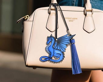 Personalized Dragon Leather Bag Charm with Name, Mythic Animal Purse Charm, Leather Accessory, Dragon Decor, Birthday Gift for DND Player