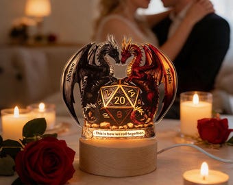 Custom Name D20 Dragon Couple Acrylic Night Light, Dragon Desk Plaque Decor, Personalized DND Anniversary/Valentine's Day Gifts