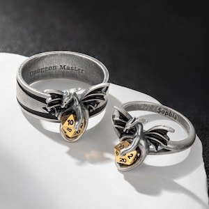 Small D20 Dice Dragon Promise Rings with Inner Engraving, Proposal Ring, DND Jewelry, D20 Engagement Ring, Couple Ring Gift For Her