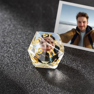 Customisable Resin D20 Dice with Photo, Add Your Own Photo, DND Boardgame Glitter Shimmer Sparkle D20, Unique Personal Gift, DND Dice Gifts