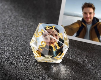 Customisable Resin D20 Dice with Photo, Add Your Own Photo, DND Boardgame Glitter Shimmer Sparkle D20, Unique Personal Gift, DND Dice Gifts