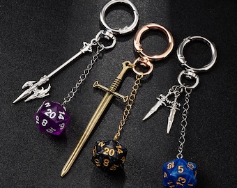 Kies je wapen DND-sleutelhanger - D20 Dice-sleutelhanger, DND-bedel wapentas, roestvrijstalen zwaardsleutelhanger, cadeaus voor tafelgamers