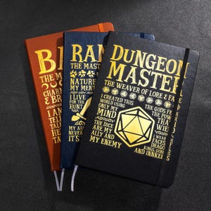 Può includere: Tre quaderni con copertina rigida con scritte dorate. I quaderni sono nei toni del marrone, blu e nero. Il quaderno nero recita "Dungeon Master" con una forma geometrica dorata.