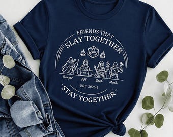 Personalized DND Party T-Shirt, Custom Class Character Silhouettes & Player Names, Pure Cotton Tee for Friends That Slay Together