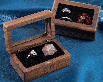 Custom Transparent Wooden Ring Box, Proposal Ring Holder For Two Rings And One Custom D20, Wedding Ceremony Engraved Ring Box, Wedding Gifts