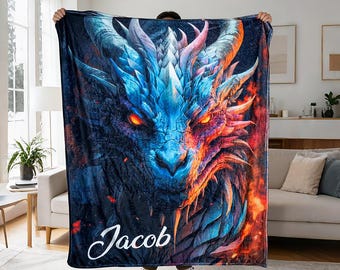 Custom Name Ultra Soft Flannel Dragon Throw Blanket, Custom Name Cozy Quilt Blanket for Gaming, House Blanket, Home Gifts for Dragon Lovers