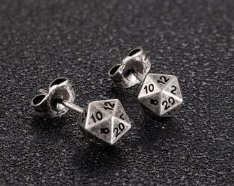 Retro D20 Dice Earrings, D20 Dice Stud Earrings in Vintage Silver, Sterling Silver Dice Earrings, D20 Stud Earrings, DND Jewelry, DND Gifts