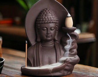 Porte-encens en céramique Bouddha de bon augure, Brûle-encens et porte-bâtonnets, Encensoir à refoulement fait main pour bâtons et cônes, Yoga zen