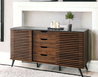 Modern Contemporary Sliding Slat Door Console with Drawers and Adjustable Shelves, Solid Wood Sideboard, Handmade Furniture