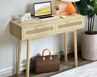 Console Table With Shelf, Narrow Entry Console With Drawers, Mid Century Solid Oak, Wood Modern Console Table