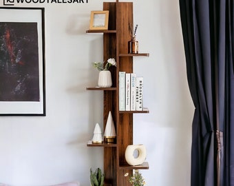 Modern Open Concept Wood Bookcase Plant Display Shelf Rack Holder, Solid Walnut Wood, 7-Tier Bookshelf