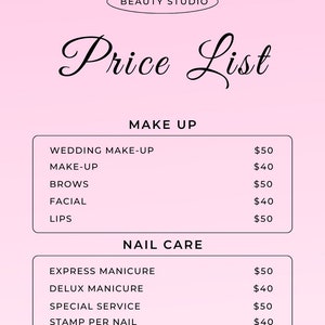 Price List Template Price List Editable Template Canva Template DIY