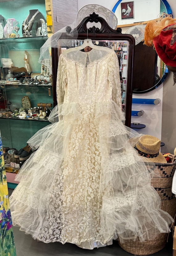 Vintage 1950s Lace & Tulle Wedding Dress w/ Long Sleeves and Illusion Neckline, Tiered Skirt, Covered Buttons - Retro Bridal Beaded Gown Vintage 1950s Lace & Tulle Wedding Dress w/ Long Sleeves and Illusion Neckline, Tiered Skirt, Covered Buttons - Retro Bridal Beaded Gown