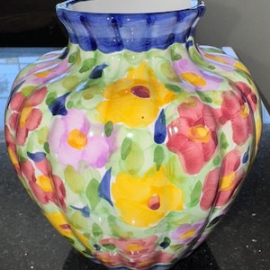 Vintage Hand-Painted Portuguese Floral Vase ~ Vestal Pottery ~ Colorful Ceramic Vase, Signed ~ 6.5” Tall ~ Boho Home Decor ~ Estate Find