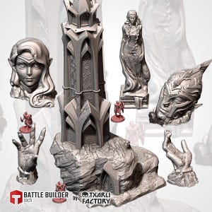 Peut inclure: Un ensemble de figurines miniatures imprimées en 3D pour jeux de rôle sur table. L'ensemble comprend une tour, une elfe féminine, une tête d'elfe masculine, une tête d'elfe féminine et une main. La tour est en pierre et a un toit pointu. Les elfes portent une armure et des épées. La main tient une épée. Les figurines sont peintes en gris.