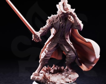 Puss in Boots Tabaxi Fencer Miniature | Tales Grimm Catfolk Swashbuckler D&D Figure, DM Stash 32mm 75mm Unpainted Resin RPG Model
