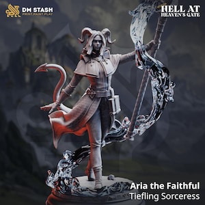 May include: A detailed figurine of Aria the Faithful Tiefling Sorceress, a fantasy character with horns, a tail, and a staff. The figure is in a dynamic pose, with flowing water-like elements. The image includes the text "Hell at Heaven's Gate".